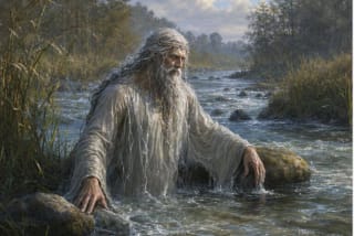 Upinis Dievas in Lithuanian mythology by a flowing river, stones, and reeds