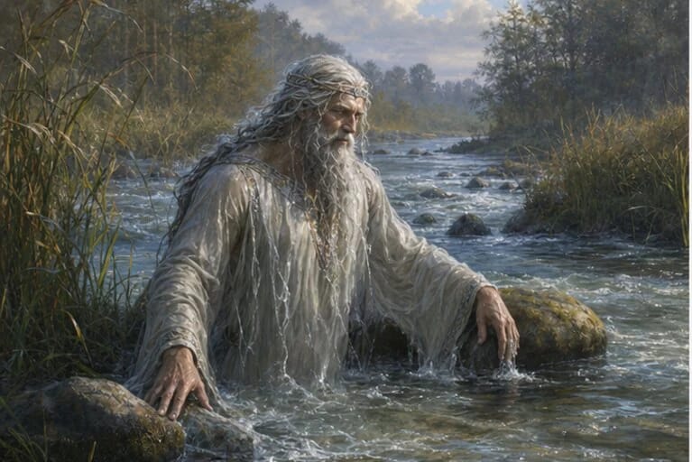 Upinis Dievas in Lithuanian mythology by a flowing river, stones, and reeds