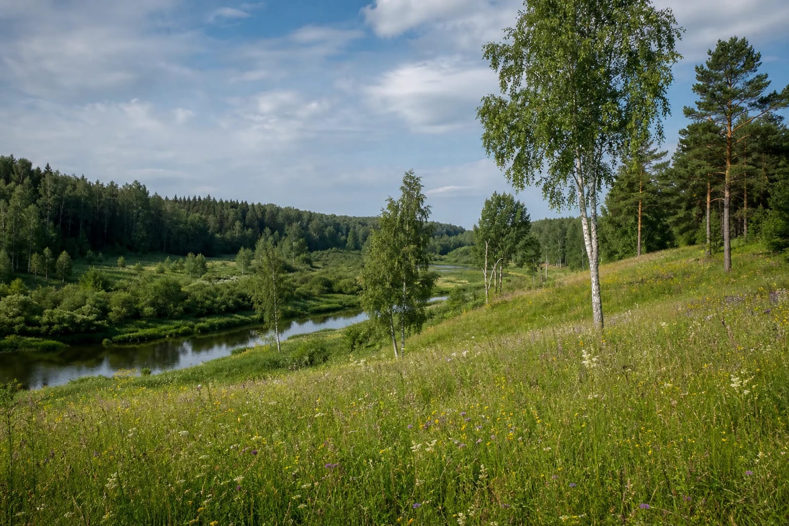 Šventosios slėnio pievos ir beržai Upninkų botaninio draustinio kraštovaizdyje