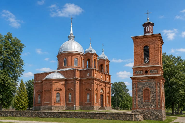 Raudonplytė Utenos Kristaus Žengimo į dangų bažnyčia su dviem fasado bokštais, dideliu skardiniu kupolu ir atskira mūrine varpine