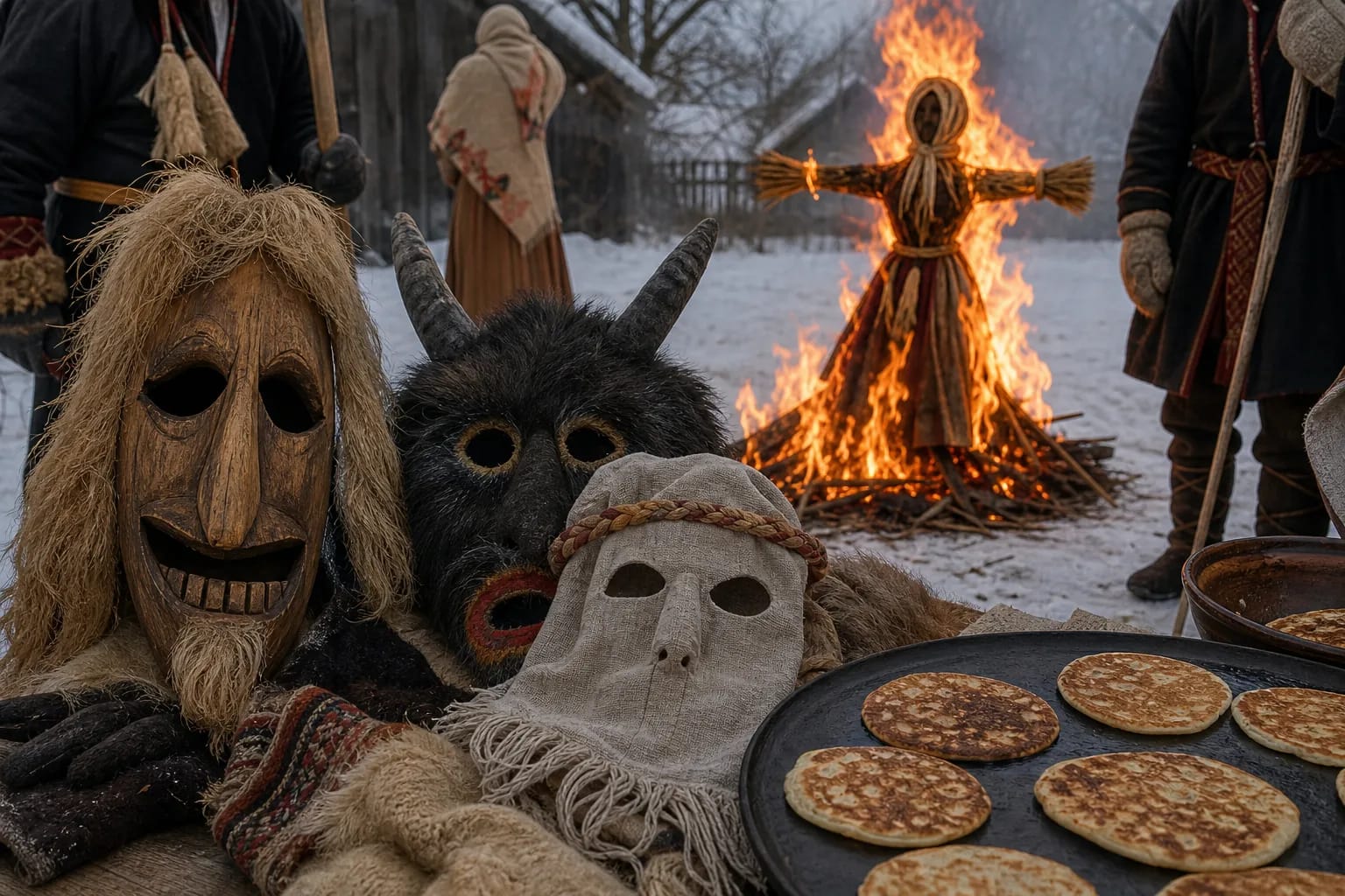 Uzgavenes masks and the More bonfire in a snowy yard