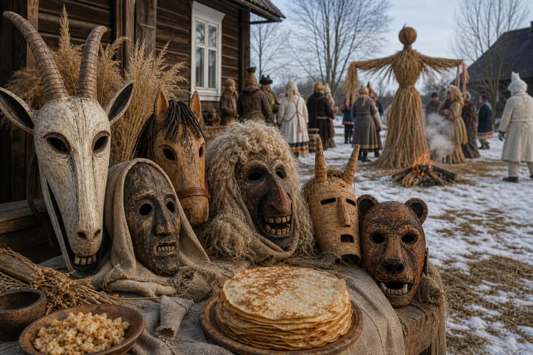 Uzgavenes masks, pancakes, and the bonfire for burning More in a winter village