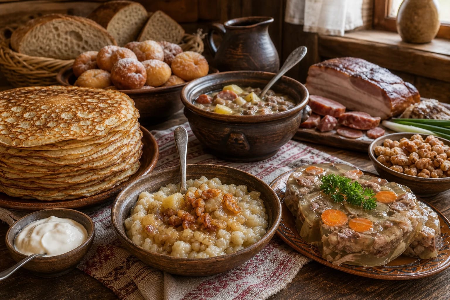 An Užgavėnės table with pancakes, Samogitian šiupinys, šaltiena, and rich meat dishes