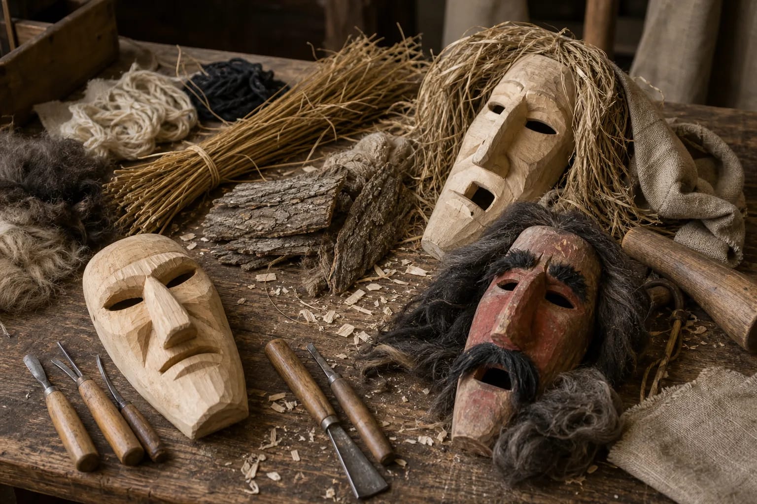 Carnival masks take shape from wood, fur, straw, and other accessible materials.