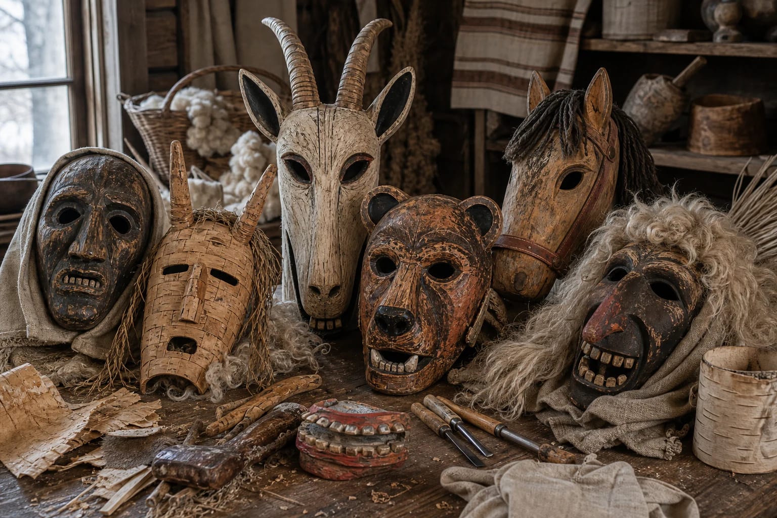 Traditional Lithuanian Užgavėnės masks carved from wood, bark, fur, and paper