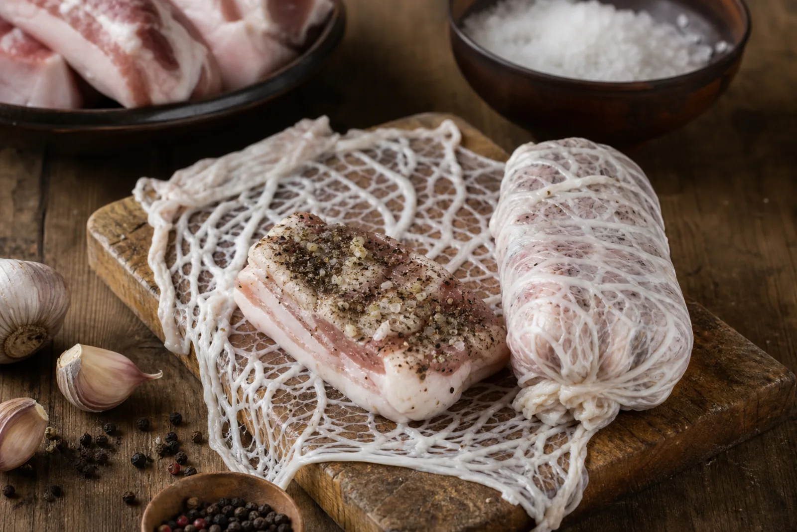 Užkulas ir taukinė: seasoned pork fat wrapped in caul fat and smoked in a Lithuanian traditional food context