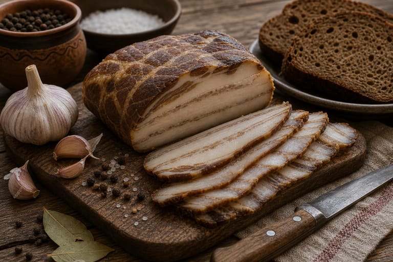 Thin slices of smoked užkulas with a caul-fat layer, garlic, pepper, and black rye bread on a wooden table