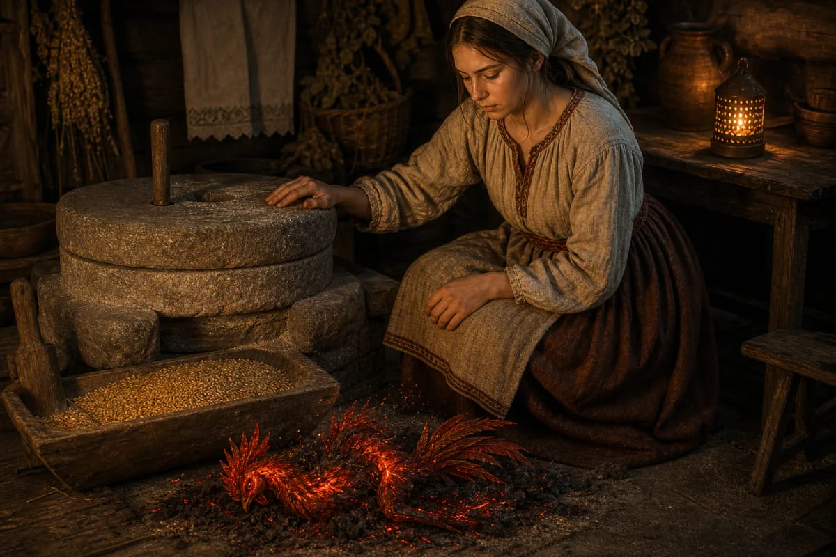 A young woman by old millstones sees a red rooster-shaped Aitvaras above a grain trough