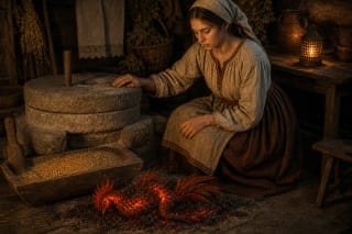 A young woman by old millstones sees a red rooster-shaped Aitvaras above a grain trough