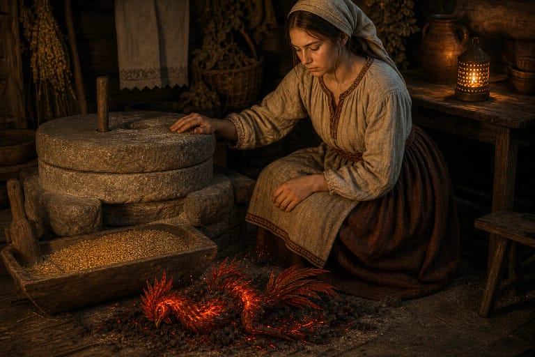 A young woman by old millstones sees a red rooster-shaped Aitvaras above a grain trough