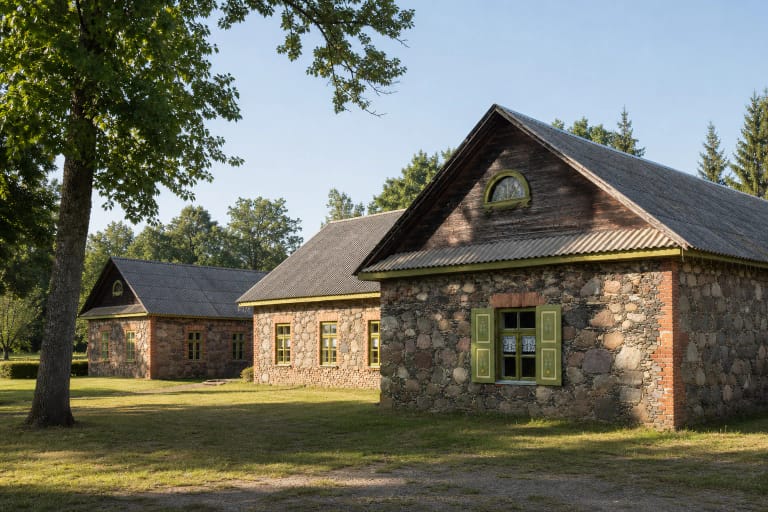 Užpalių dvaro arklidžių-kamenyčios lauko akmenų mūro korpusai žaliame dvaro kieme