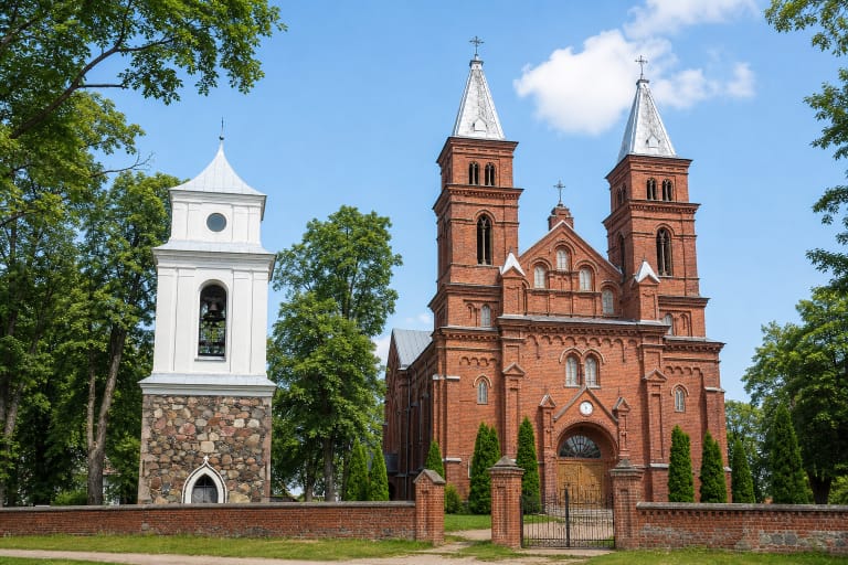 Raudonų plytų Užpalių Švč. Trejybės bažnyčia su dviem bokštais ir atskira mūrine varpine žaliame šventoriuje