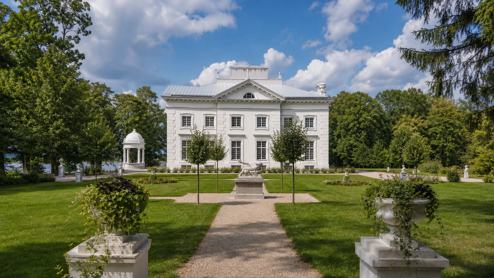 White Užutrakis Manor palace with a neoclassical facade, park lawn, path, and mature trees