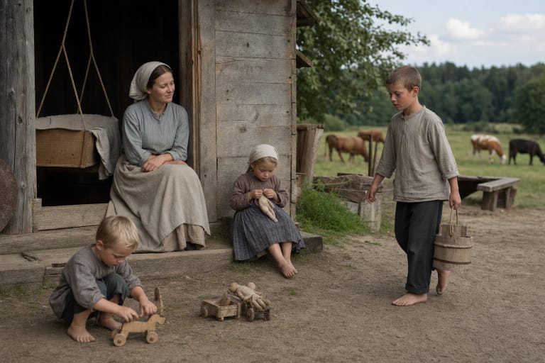 Everyday childhood near an early twentieth-century Lithuanian wooden farmstead, with a cradle, toys, and pasture