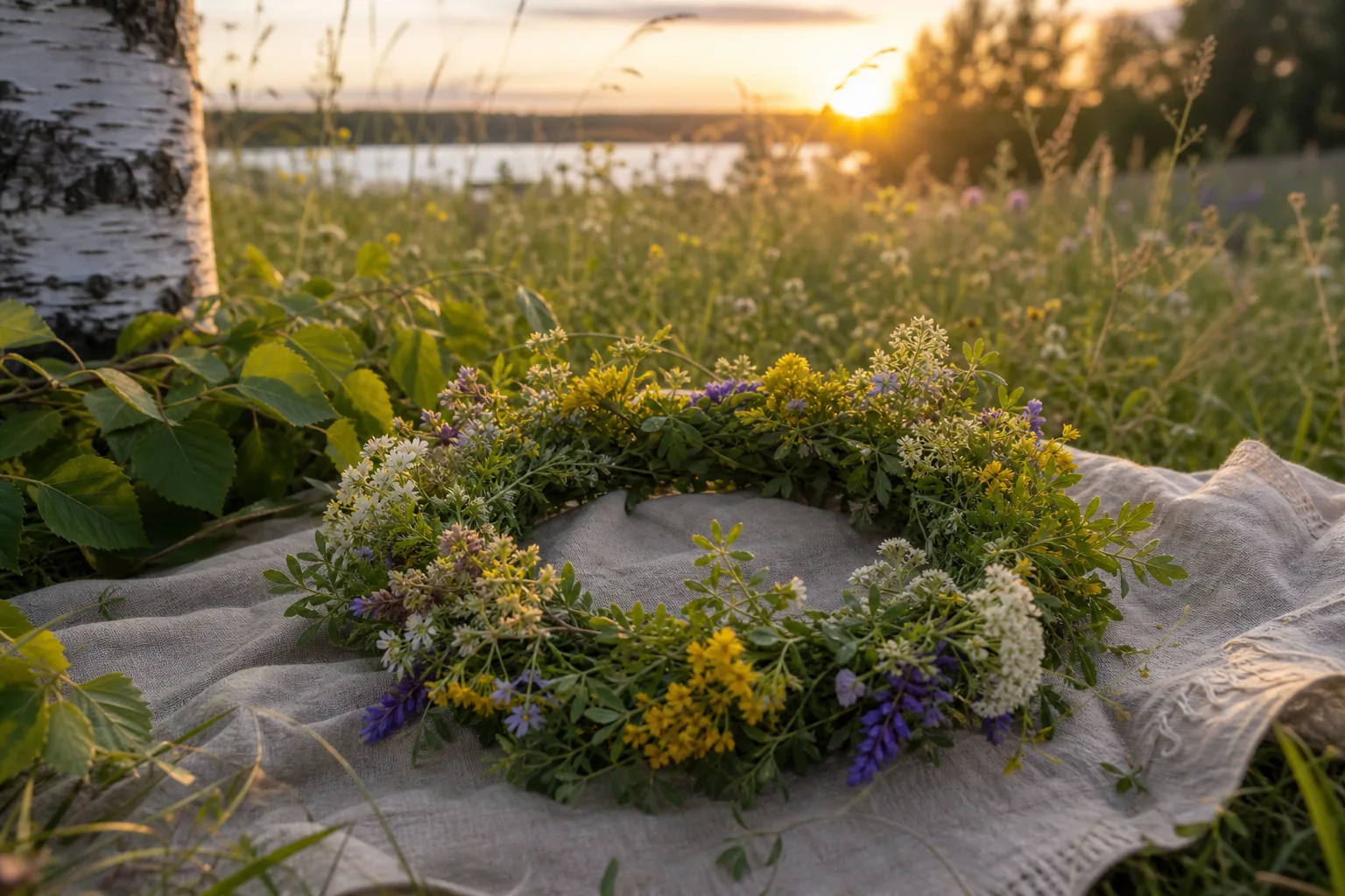 Handmade rue and wildflower wreath on linen at the meadow edge.