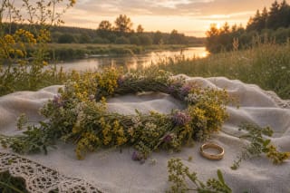 A wreath of rue and summer herbs with a ring on linen as a Lithuanian symbol of festival and transition