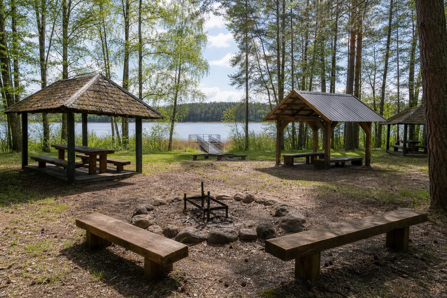 Vaišniūnai Campsite's open timber shelters, fire pit, and railed pier extending into Lake Dringis