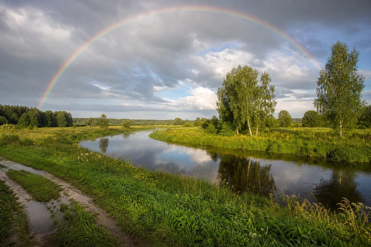 Rainbow over wet meadow and river after rain