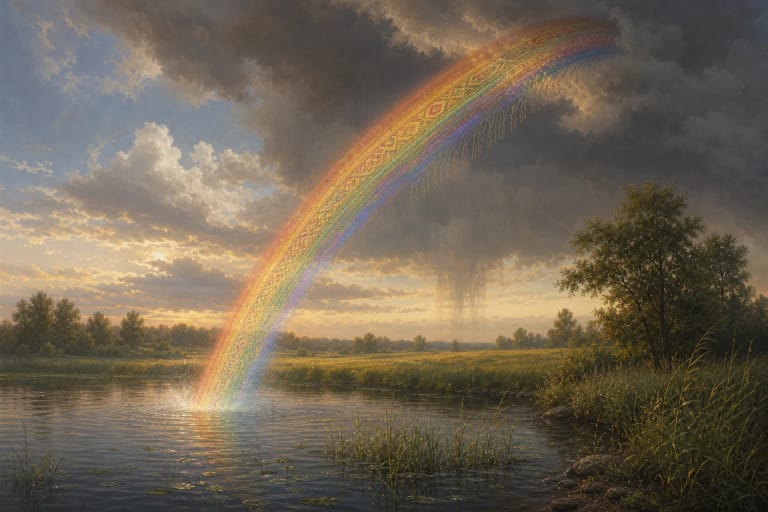 The rainbow as Laumė's sash, an arc connecting a lake and a cloud above Lithuanian fields
