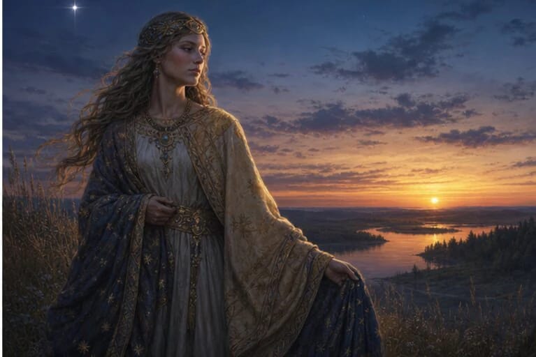 Vakarinė in Lithuanian mythology beside a twilight sky and the Evening Star