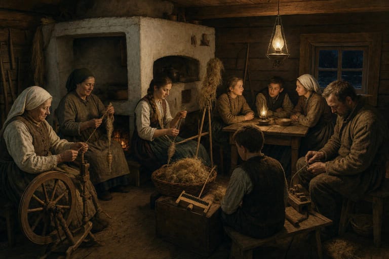 Several generations spend an evening working with spinning tools in a late nineteenth-century Lithuanian farmhouse