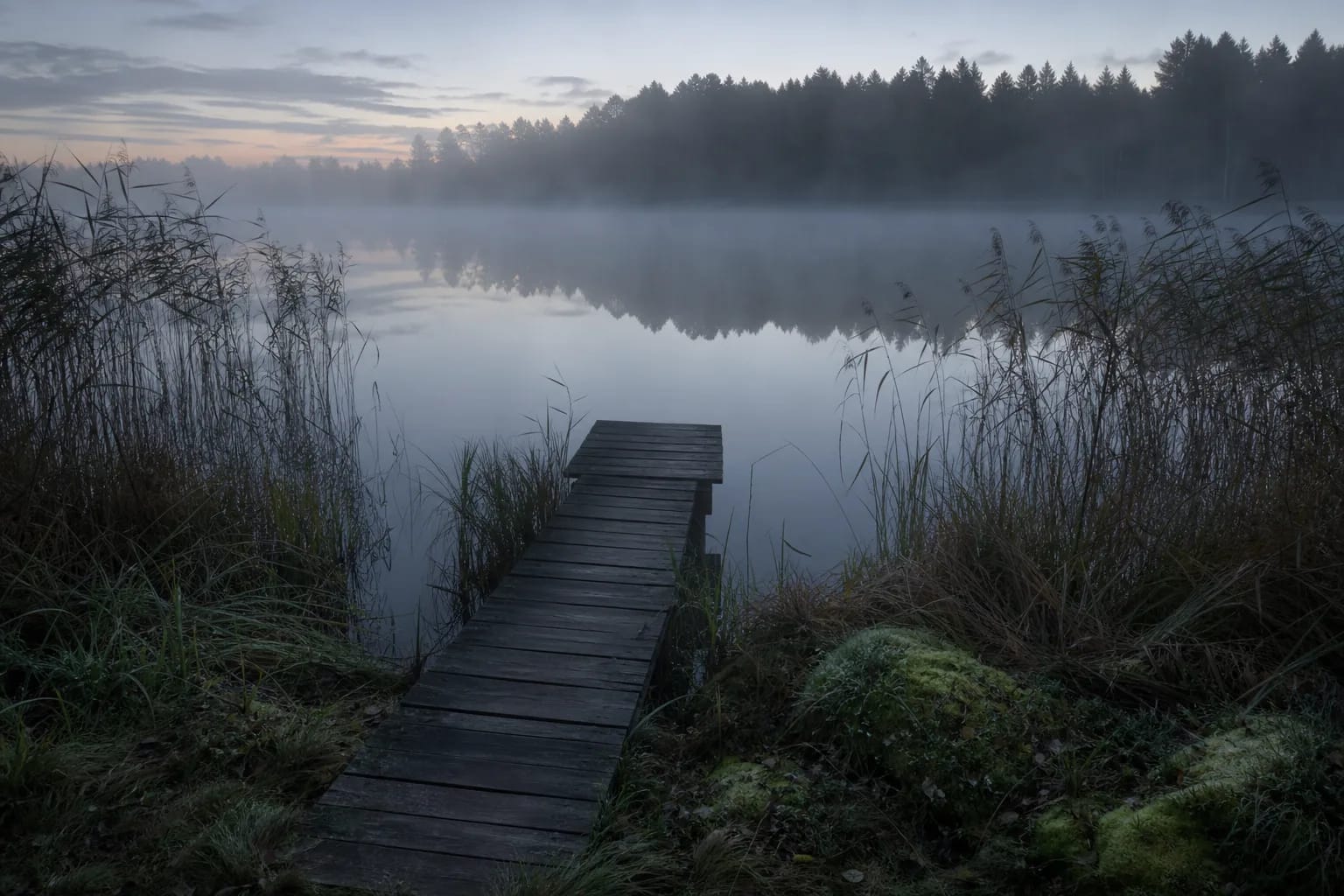 Mist over a still lake with reeds and a wooden pier for Vandenis and Vandenė
