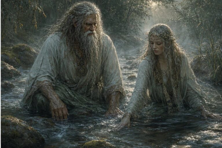 Vandenis and Vandenė in Lithuanian mythology near a river, lake, spring, and reeds