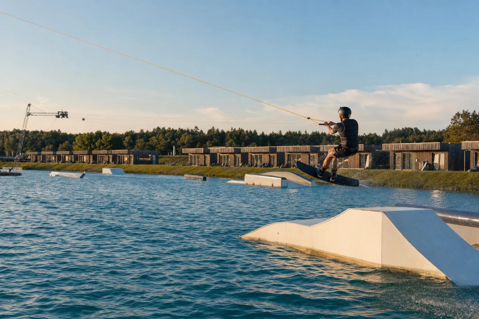 Vandenlentininkas 313 Cable Park trasoje šoka nuo baltos figūros, virš žalio vandens matyti lynų sistema ir mediniai nameliai