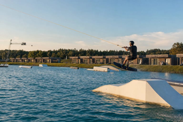 A wakeboarder jumps from a white feature at 313 Cable Park with cable towers, green water, and wooden cabins behind