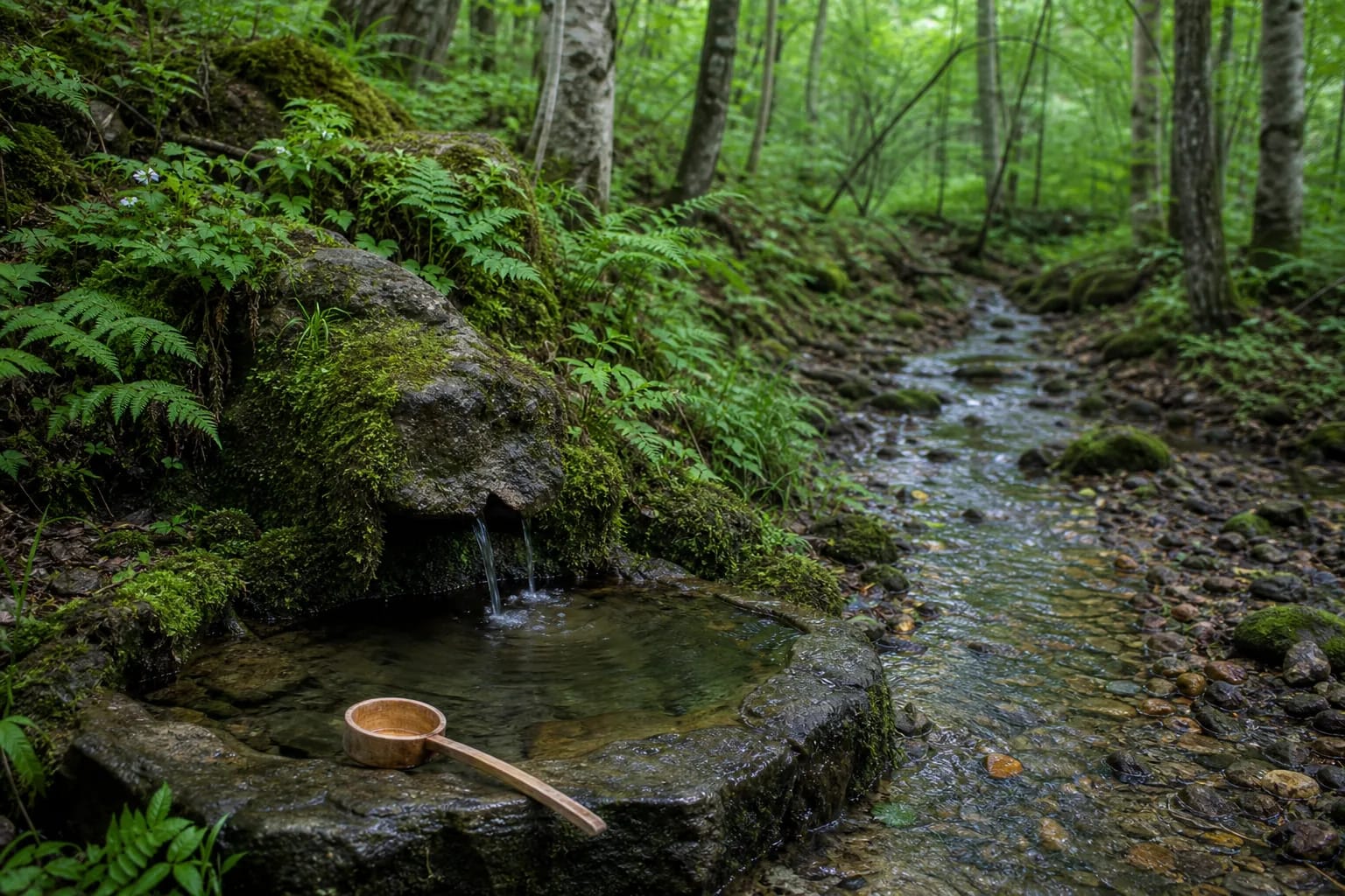 Clear forest spring with a wooden ladle, stones, and flowing stream.