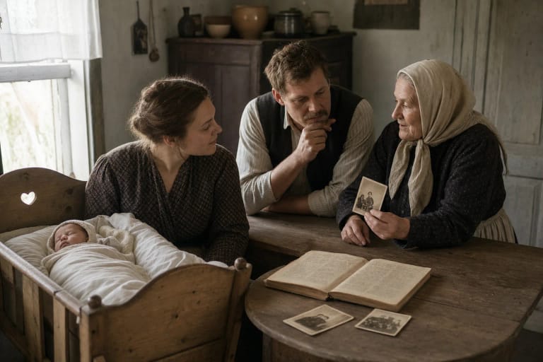 A family choosing a baby's name beside a cradle, a name calendar, and family photographs