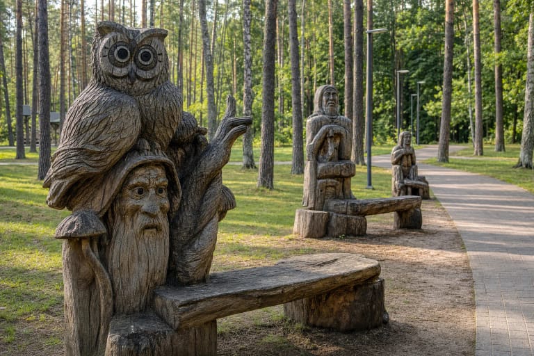 A folklore-inspired wooden sculpture among tall pines in Varėna town park