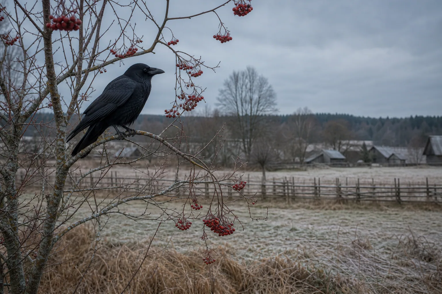 Black crow on a bare rowan branch above a frosty field.