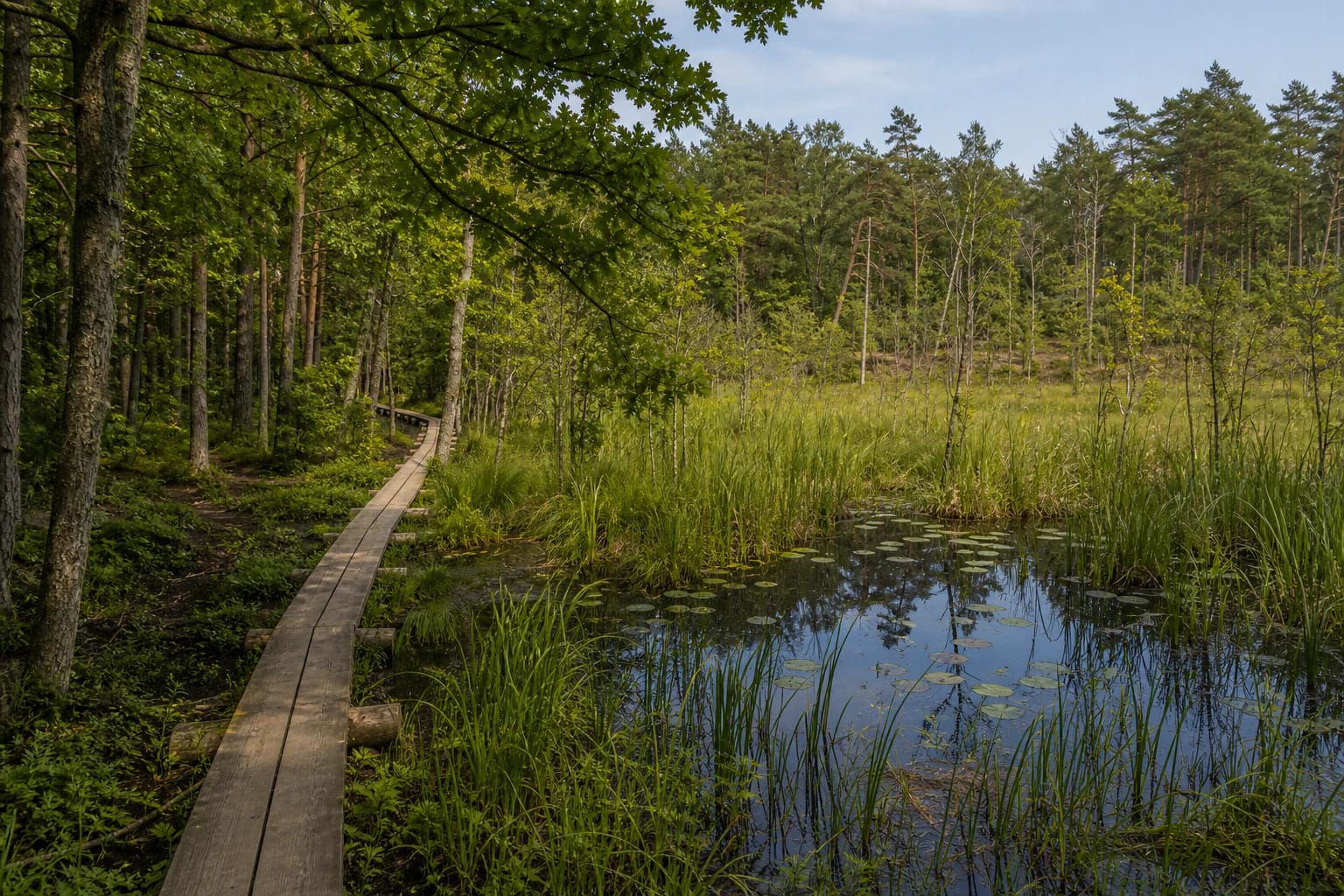 Varnikai Nature Trail boardwalk through Ilgelis bog with dark water pools and mixed forest