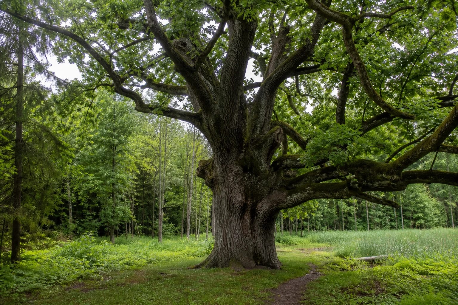 Old Varniškės oak in a forest clearing in Aukštaitija
