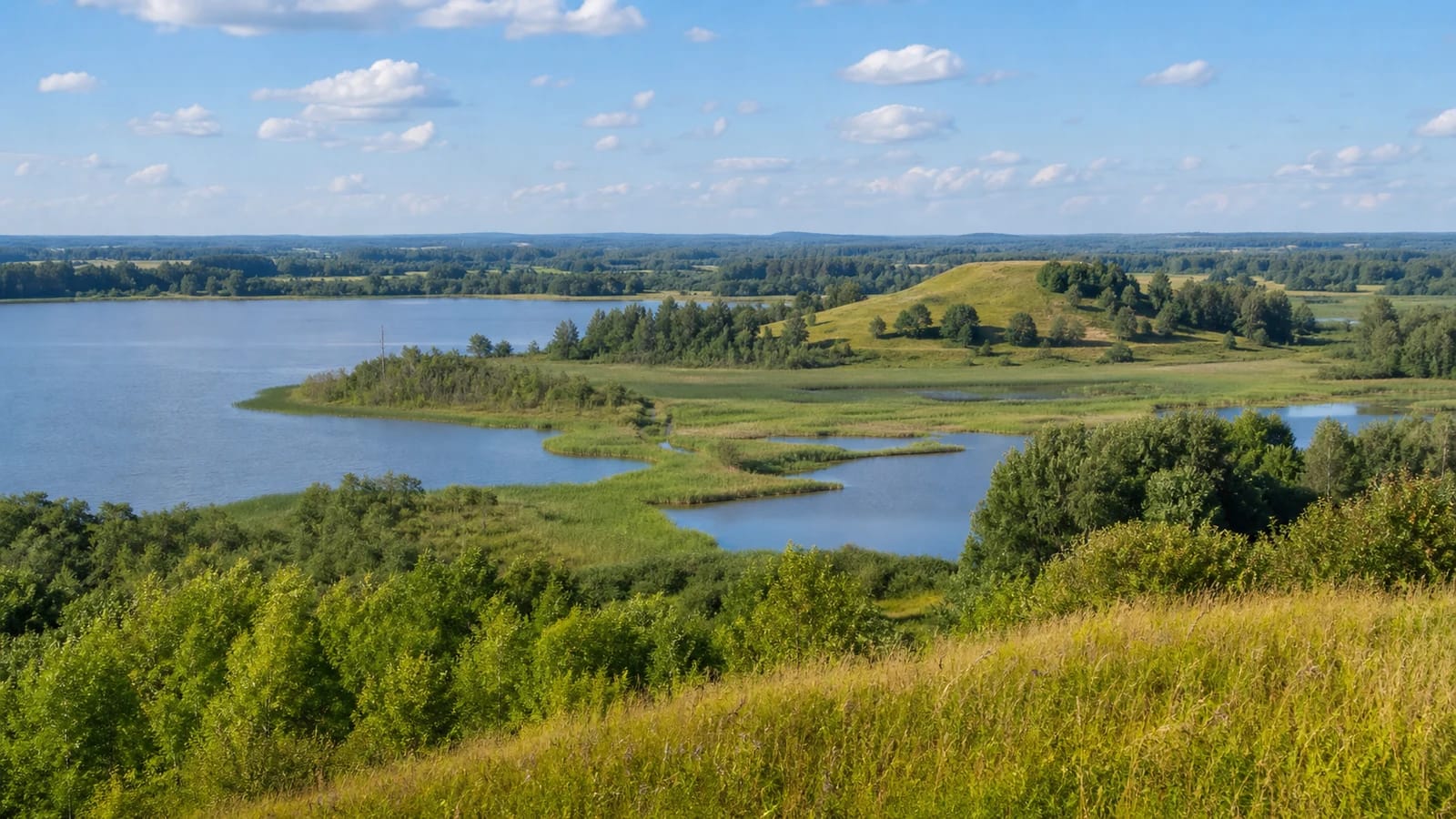 Hilly Samogitian landscape of Varniai Regional Park with lake, wetland, and distant hillfort panorama