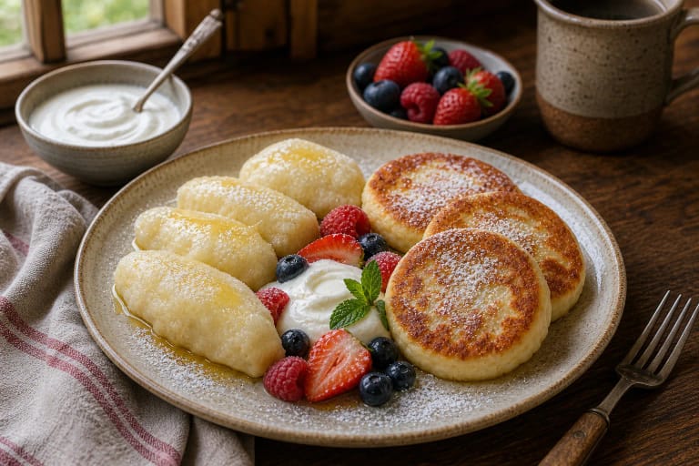 Lithuanian varškėčiai with sour cream, butter, berries, and sugar on a ceramic plate