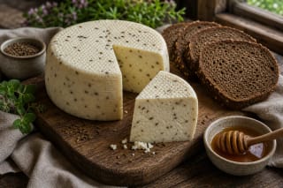 Lithuanian varškės sūris with caraway on a board, with bread, honey, and herbs nearby