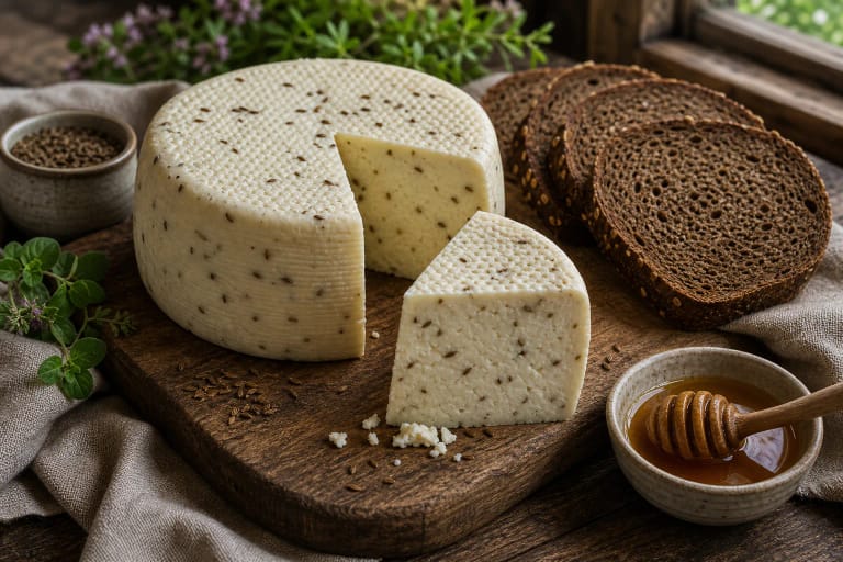 Lithuanian varškės sūris with caraway on a board, with bread, honey, and herbs nearby