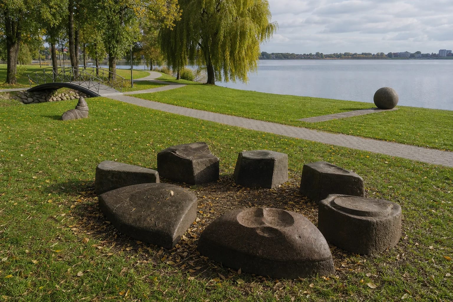 Granite sculptures on the green lawn of VDA Telšiai Faculty Sculpture Park beside Lake Mastis and its waterfront path