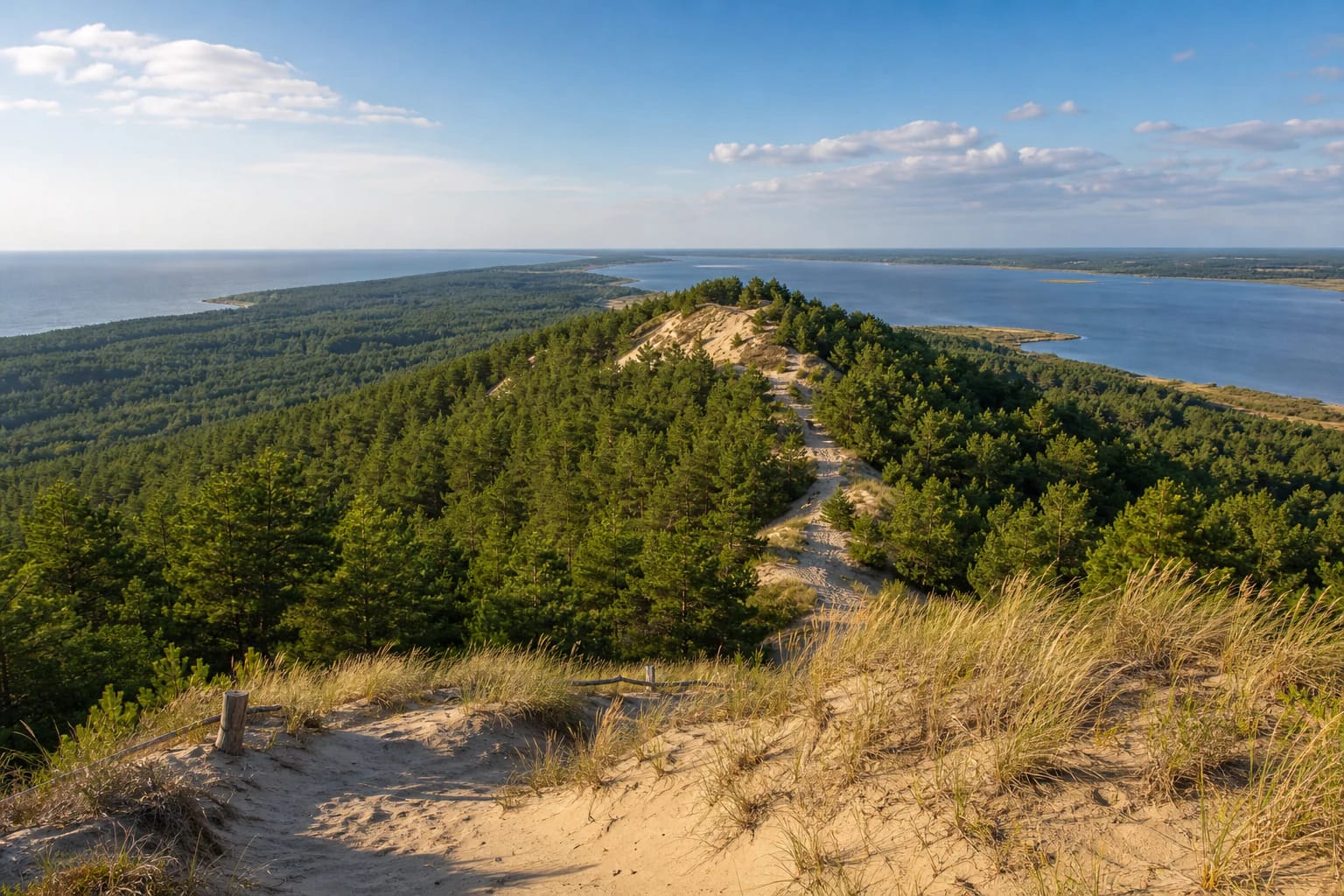 Vecekrugas Dune on the Curonian Spit with a high pine-covered dune ridge, sandy path, and Curonian Lagoon panorama