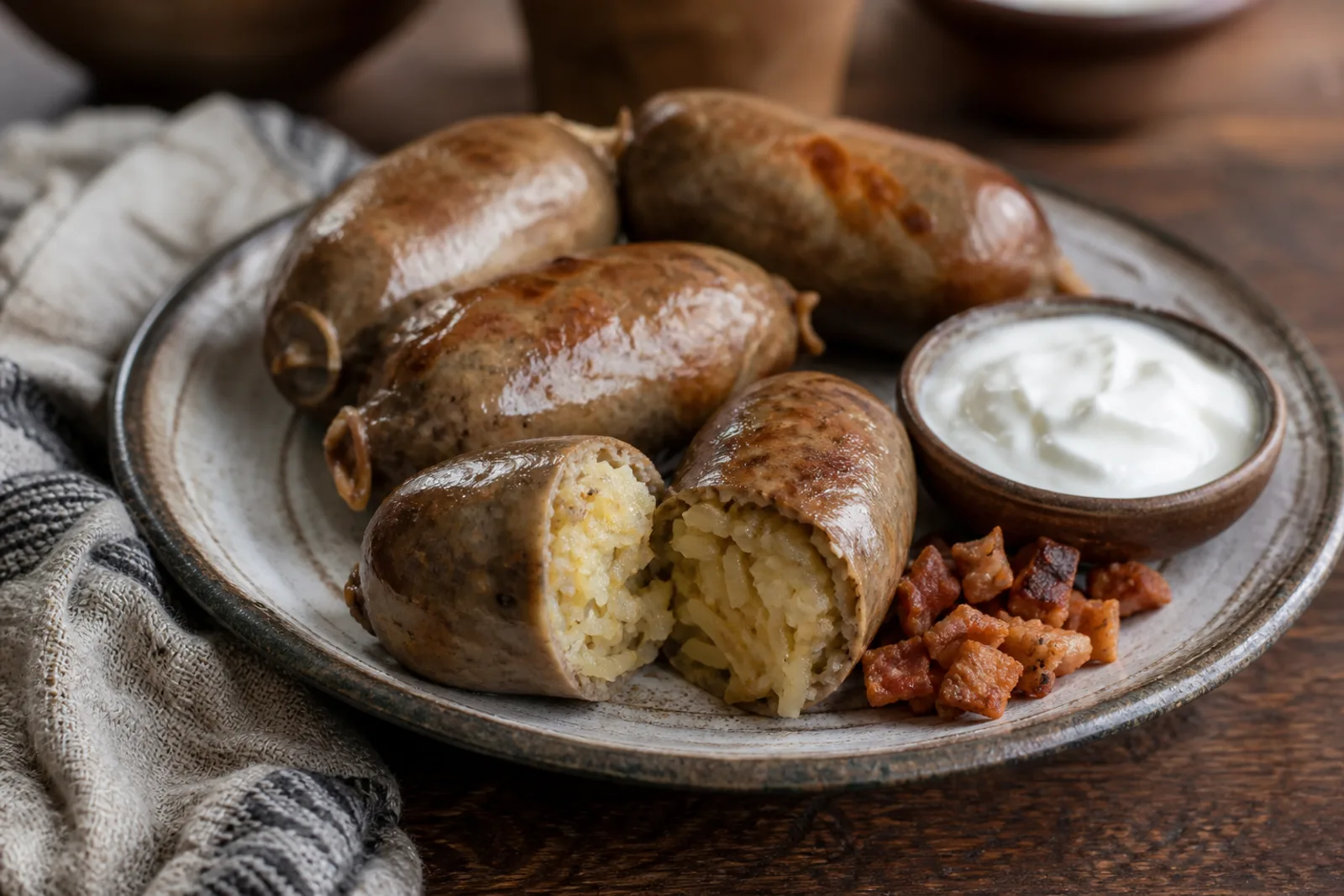 Vėdarai: potato or blood vėdarai stuffed into intestines and baked in a Lithuanian traditional food context