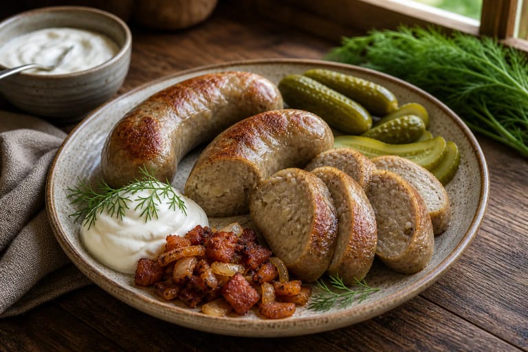 Baked Lithuanian potato vėdarai with a crisp crust, sour cream, cracklings, and pickled cucumbers