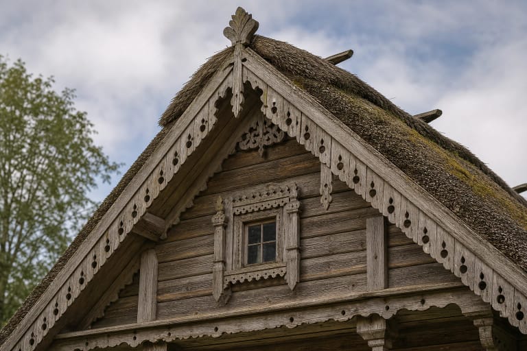 Wooden house windboards, cornices, and openwork carving with dentils, arcs, and pierced plant motifs