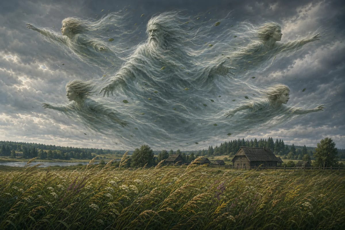Four currents of wind above a Lithuanian field and old homestead, shown as misty elemental figures