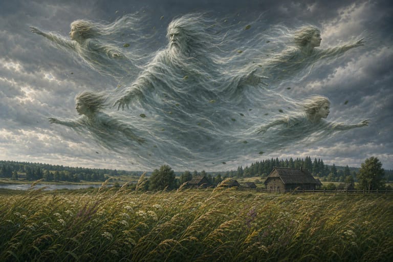 Four currents of wind above a Lithuanian field and old homestead, shown as misty elemental figures