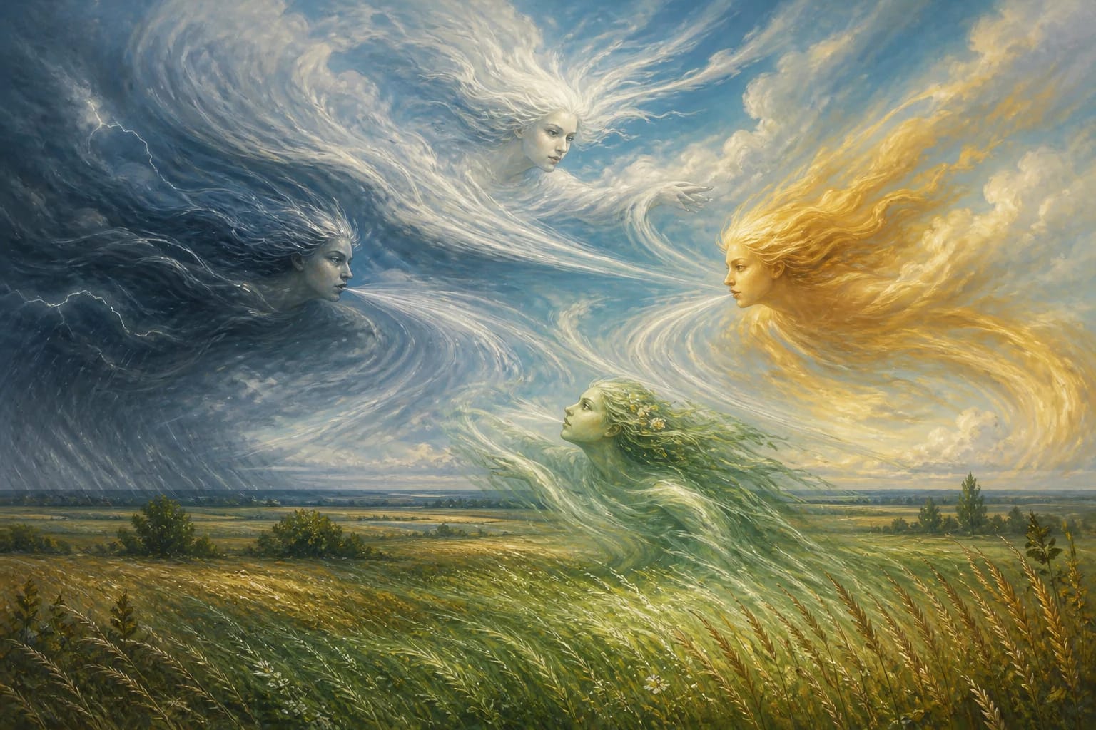 The Wind and His Children visual interpretation with personified wind, four directions, elemental family motifs