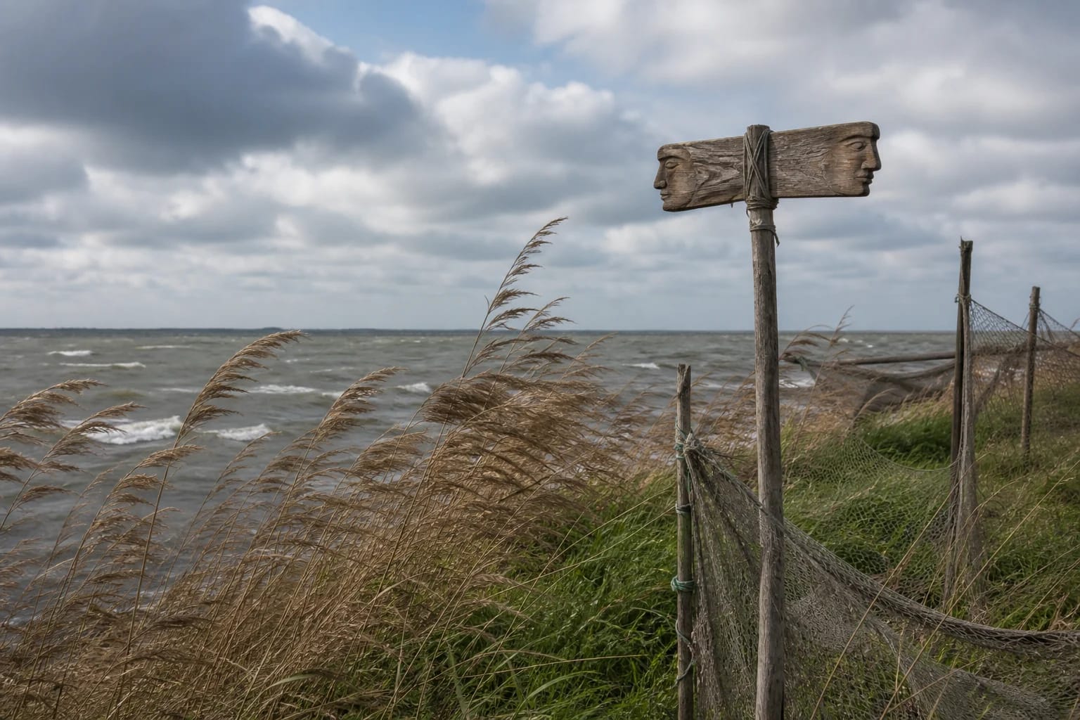 A two-faced wind post, reeds, and stormy lagoon shore for Vėjopatis
