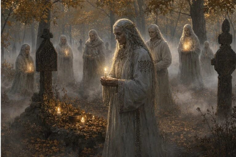 Vėlės in Lithuanian mythology near a cemetery, candles, autumn mist, and ancestral remembrance
