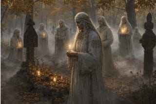 Vėlės in Lithuanian mythology near a cemetery, candles, autumn mist, and ancestral remembrance